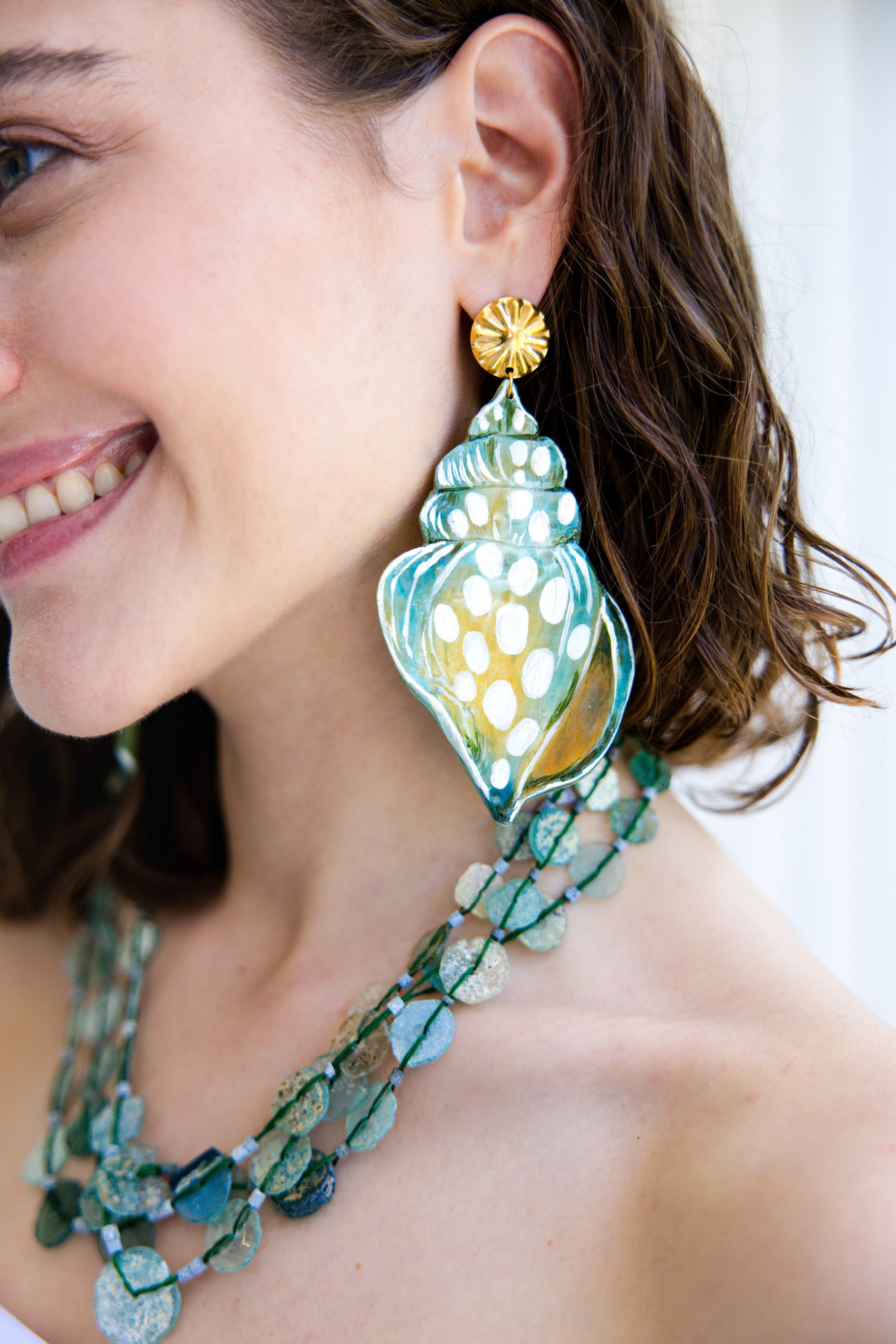 ATLANTIS - Green Asymmetrical Shell Earrings